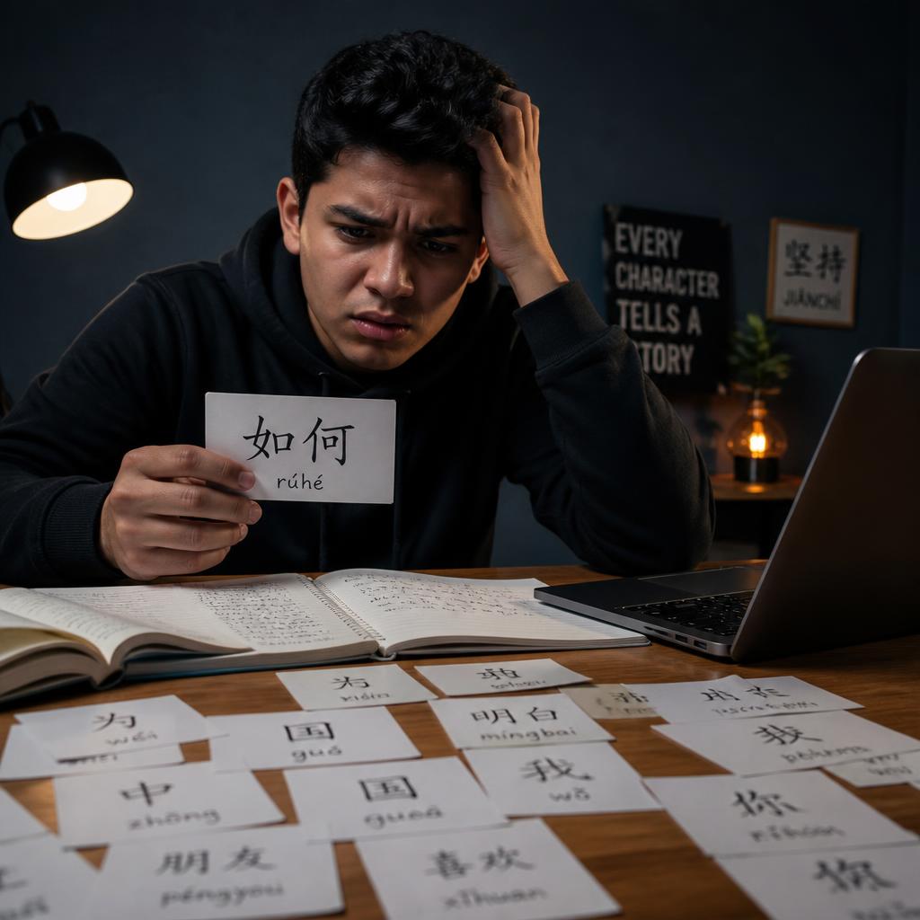 Estudiante confundido intentando aprender chino rodeado de flashcards